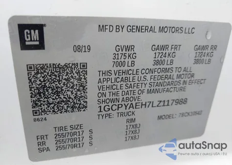 2020 Chevrolet Silverado 1500 4Wd Short Bed Wt z USA, uszkodzony, nr VIN 1GCPYAEH7LZ117988